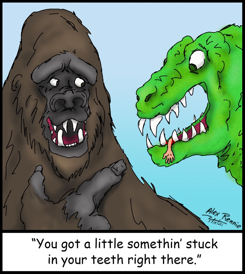 illustration of King Kong Godzilla movie monsters giant ape lizard nature gorilla hairy scaly teeth blood arm funny humor pointing fingernail nostril mouth eat food silly pop culture TV destruction kill talking oops action adventure fight green brown dark humor cinema characters caricature comedy horror