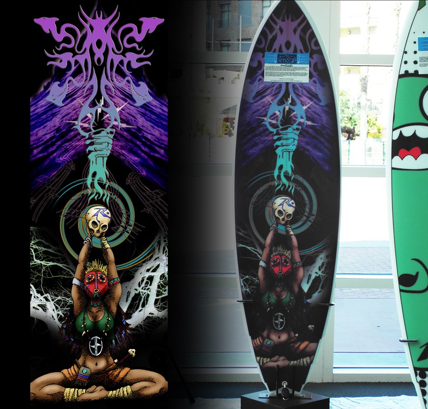 illustration of Winner of the Southern California based art contest sponsored by Scion Motors, Rusty Surfboards and FM 94.9 Radio.
Digitally illustrated an original, ornate surfboard graphic which was auctioned off for charity. voodoo princess black magic skull necklace medicine bag logos lightning sexy female priestess braids dreadlocks brown skin surfboard graphic fist swirl portal knife sword warrior female warrior