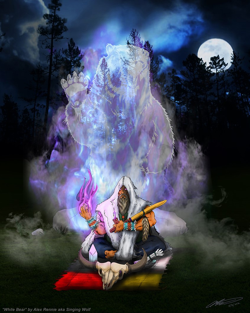 illustration of A gift for my mentor and friend Chief Whitebear.
Magic, spirituality, Indigenous, Native, Peace Pipe, Ghost bear, Full moon bear grizzly bear pelt skull bull horns magic nature woods forest rocks blanket beard feather voodoo flames fire energy spirit bear hide crystal rocks forest