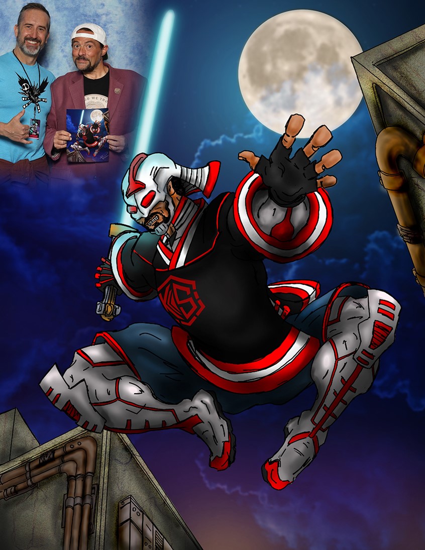 illustration of What do you do when you meet your hero?
Give him a personalized picture of him as a hero of course!
Lightsaber, Star Wars, Kevin Smith, armoured Hero jumping, armor warrior soldier fight action jumping helmet celebrity character jersey pipes concrete buildings alley rust rock weapon armour fighting hero warehouse buildings danger action jump