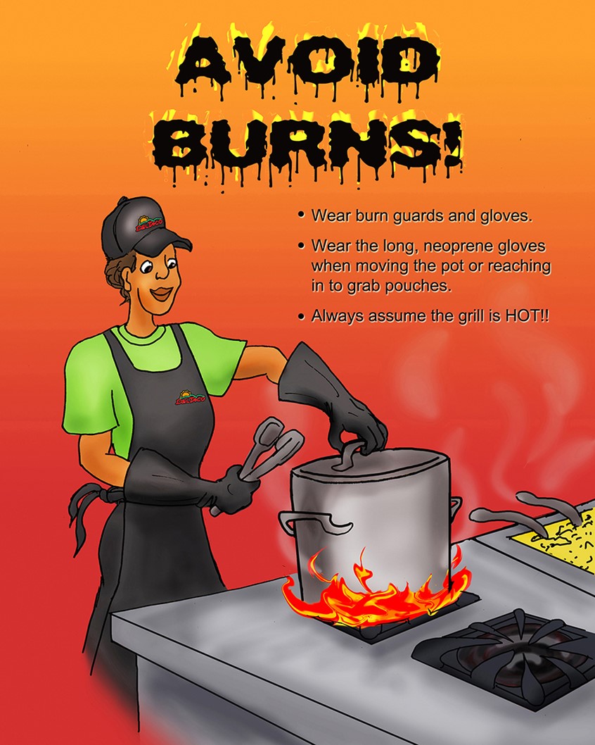 illustration of woman chef, grill, deep fryer, restaurant safety, cooking, open flames, stove top, chef gloves, hat bib, hot pot, steam, danger bibs hat cooking hot food burns at work uniform worker gloves tongs boiling pot stove-top grill burner melting lettering