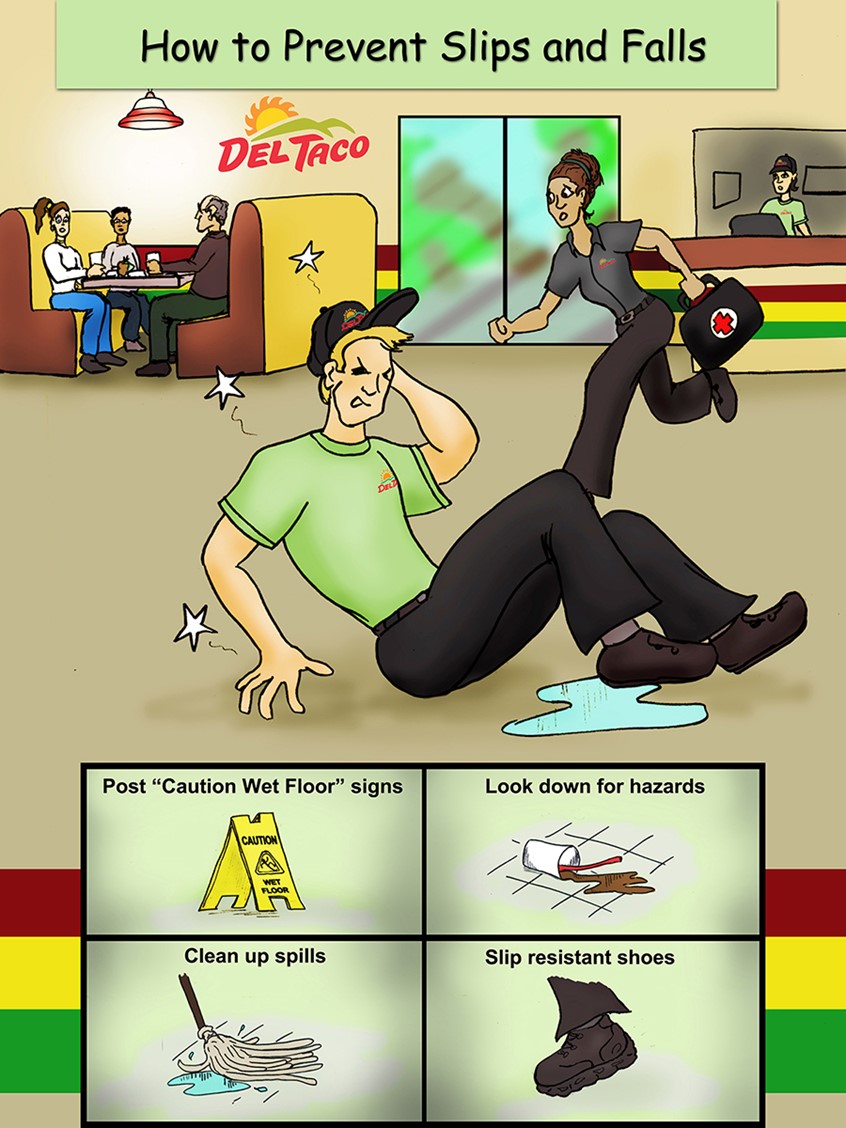 illustration of Del taco, slip, fall, slippery floor, injured employee, first aid, restaurant, diner, mop spills, fall on ground, food, patrons, booth, eating, food safety, fast food, manager helping employee kit safety cashier family eating booth glass doors spilled drink mop wet floor shoes