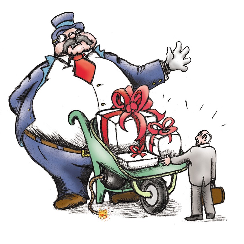 illustration of Chicago Tribune, 401K, money, political fat cat, top hat, business man, wheel barrow, bomb, gifts, briefcase, bald head, monocle, banker, handlebar moustache, USA, monopoly, men in suits, white gloves politics political banker explosive