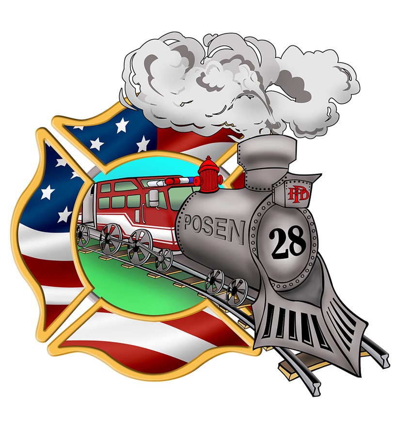 illustration of fire engine steam locomotive train tracks smoke American flag shield hydrant firehouse fireman firefighters warped perspective wheels choo-choo train cowcatcher pilot iron grate