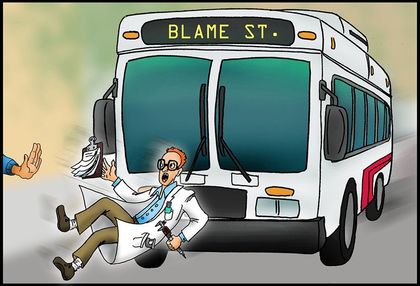 illustration of plastics design library bus, public transportation, nerd, professor, doctor, engineer, pushed, falling on street, lab coat, eyeglasses, protractor, charts, hand pushing, under the bus, murder, run over, dork, white bus redhead glasses short pants