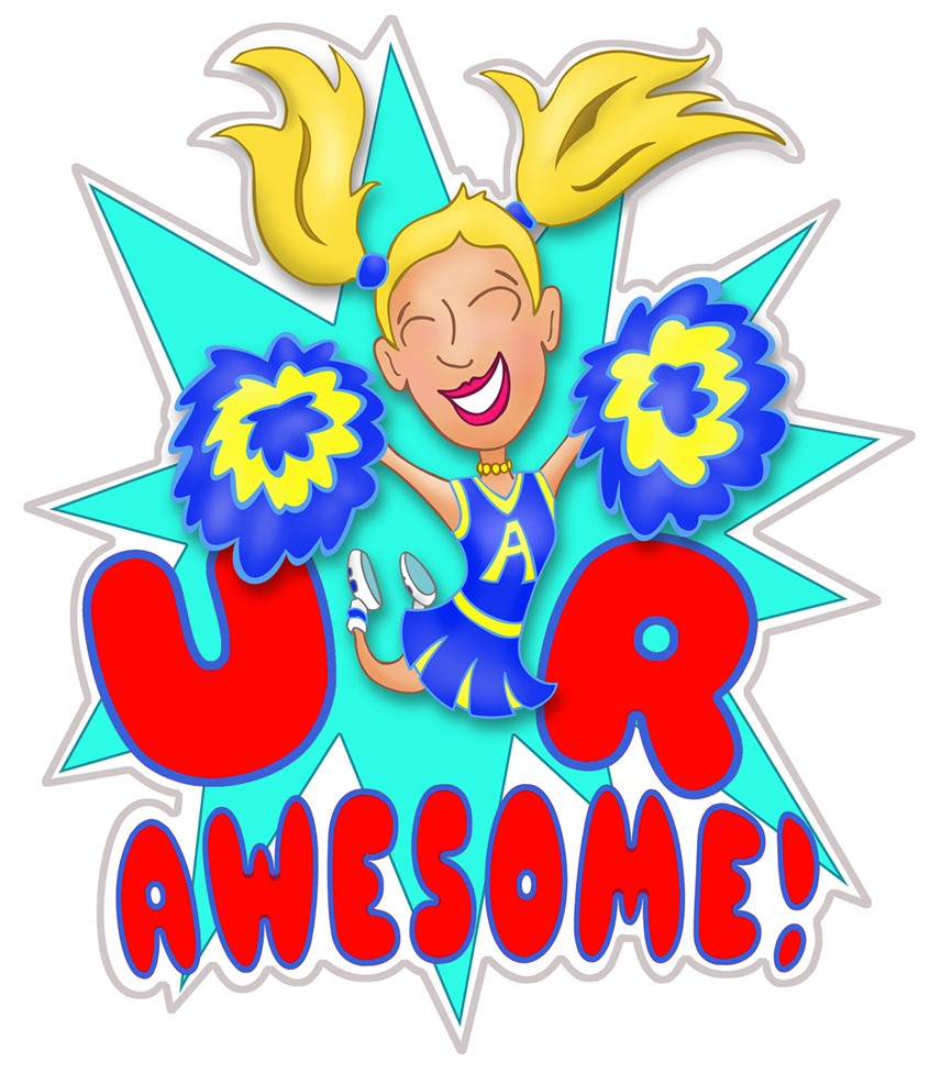 illustration of cheerleader, pom-poms, jumping, blonde girl, skirt, balloon letters, happy, joyful, children's education, exciting sweater vest pigtails smiling action shot sports high school teeth