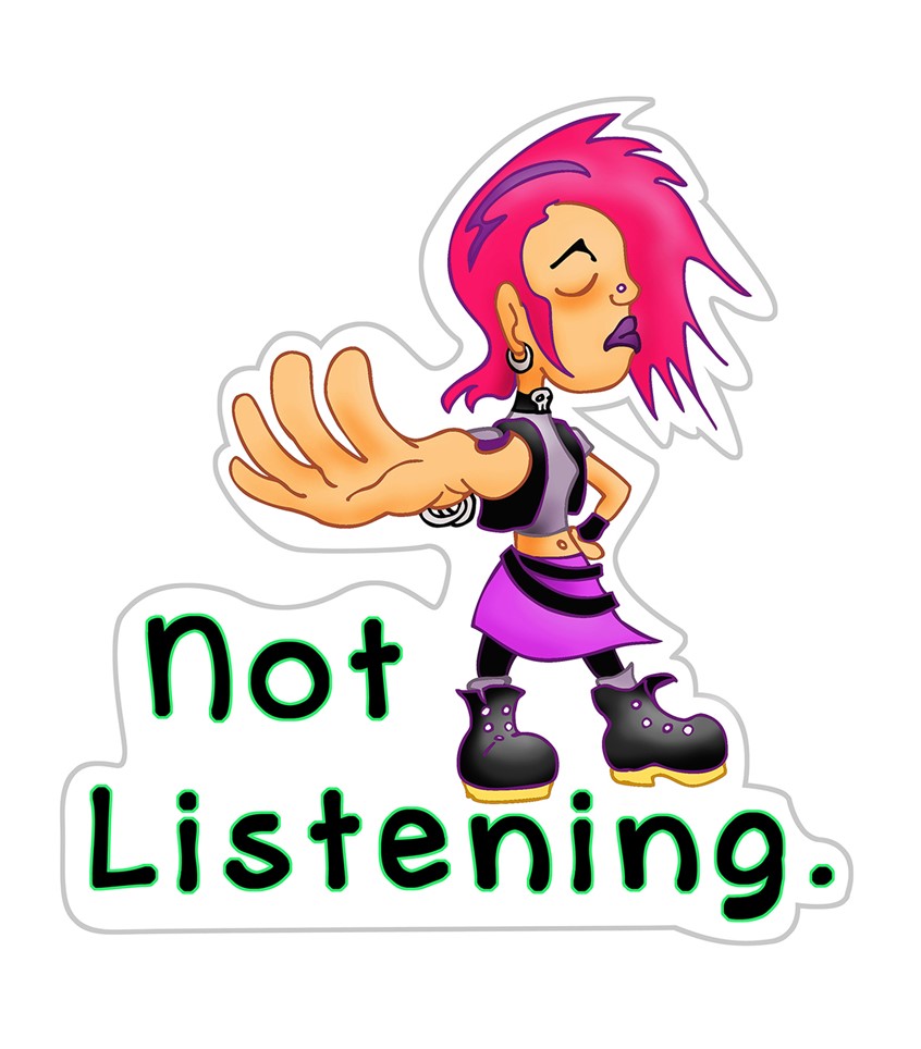 illustration of large hand, talk to the hand, goth girl, teenage angst, pink hair, spikes, skull, combat boots, freak, artsy, pierced face jewellery dyed hair leather vest punk miniskirt belts leather piercings ignoring not listening large hand hand on hip