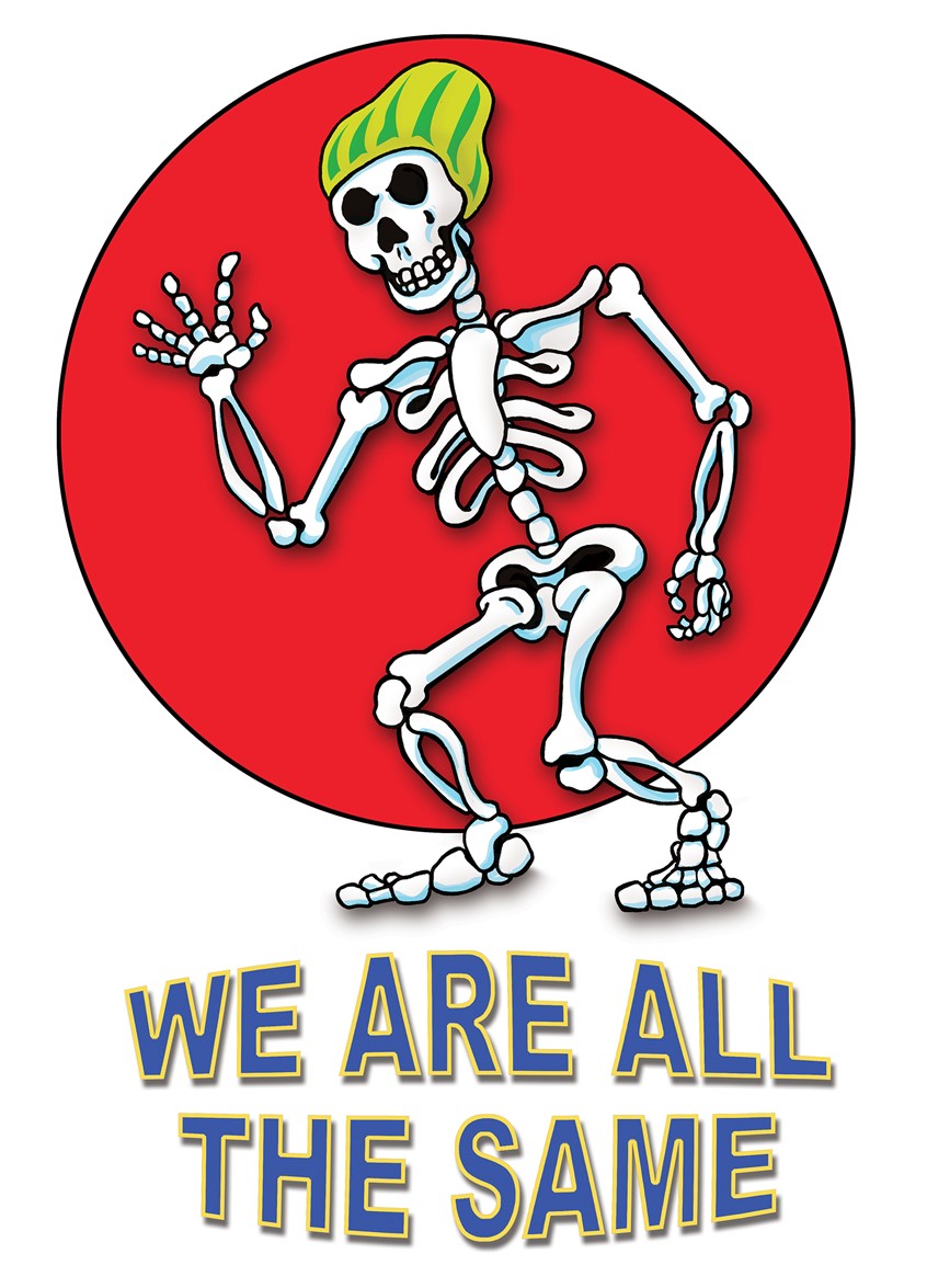 illustration of skeleton waving happy educational young adult teens teenage equality winter hat smiling spooky scary digital art anatomy bones skull hand fingers ribs pelvis femur breast plate scapula