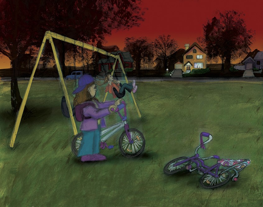 illustration of children playing bicycles park swing equipment house night streetlight girls backpack grass nature houses trees sunset driveway hat backwards kids happy little kids braids gym shoes spokes wheels perspective trees neighborhood driveway lights houses dark trees banana seat bicycle purple jeans swinging swing-set