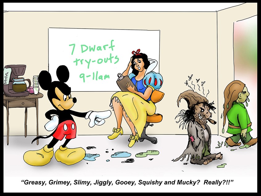 illustration of snow white and the seven dwarfs Mickey Mouse dirty, grungy coffee maker puddles goop slimy hats clipboards distressed pointing angry get out cigar flies toes dress whiteboard workplace room whiskers nasty gloves Disney humor humour funny satire plastic engineering office chair rollers woman