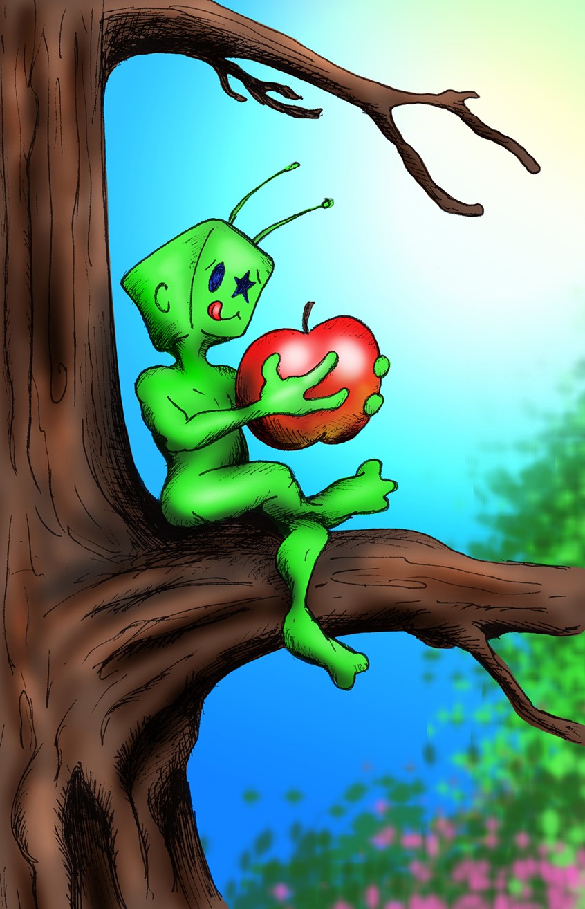 illustration of alien apple tree green antennae happy cute tiny sunny sitting cross-legged tree branch yum fruit eat food three fingers nude tongue smile star eye flowers trees tree branches