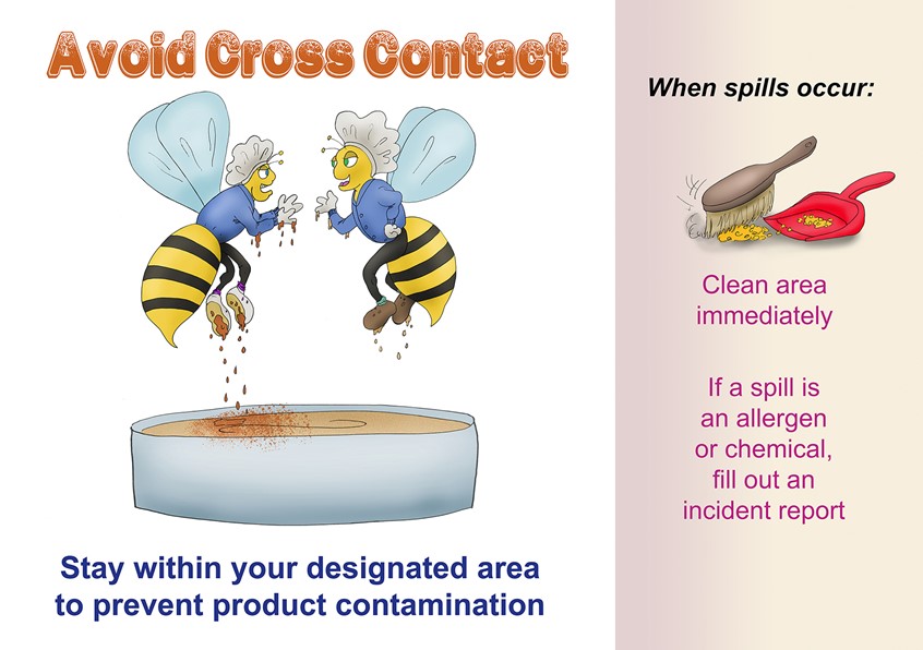 illustration of two bees humanoid women talking sweep up food brush dustpan floor vat food spice wings hairnets women gossiping busy bees safety spills gloves gear smock flying caricature