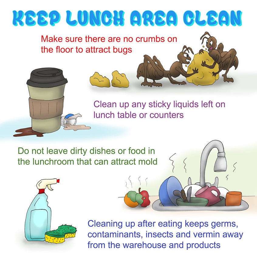 illustration of poster ants crumbs food spills coffee cup spray bottle cleaners sponge dirty dishes silverware apple orange mold smelly gross sink counter top floor mess unsanitary creamer puddle bowl plate cups