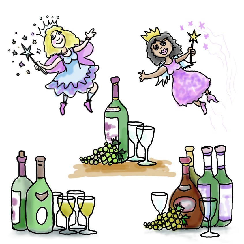 illustration of pixies fairy fairies wings magic crowns ethnic blonde people flying bottles wine liquor glasses white wine red wine grapes labels happy fantasy restaurant winery bodega dresses playful simple art good witch flying wineglass bottles restaurant bistro drunk spirits
