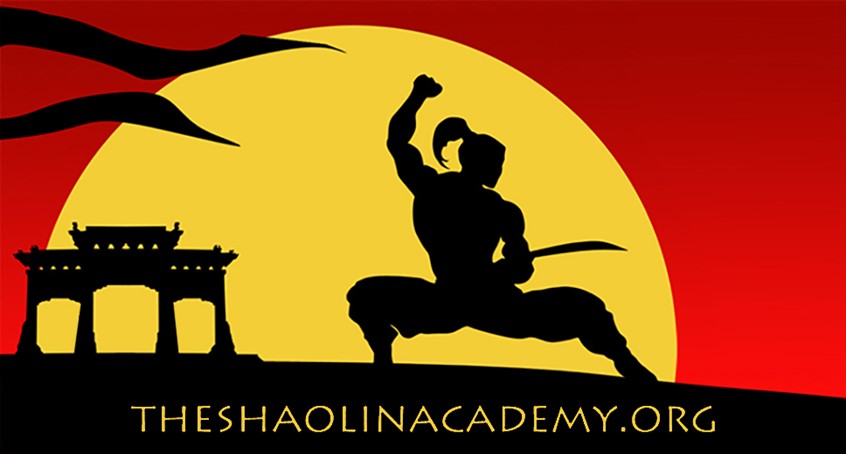 illustration of Shaolin monk man action fighter sword martial arts kung fu gung fu karate pony tail warrior temple flags sunset sunrise shadow silhouette fist power stance training China Japan Asian fierce