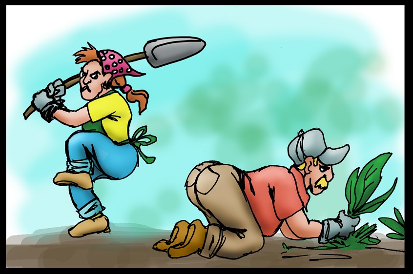 illustration of hit with a shovel woman and man married couple violence gardening, gloves, boots overalls, bandana, moustache hat planting plants vegetation smack danger hurt pain humor funny humour angry women wife innocent man bent over gardening dirt anger swing wind up