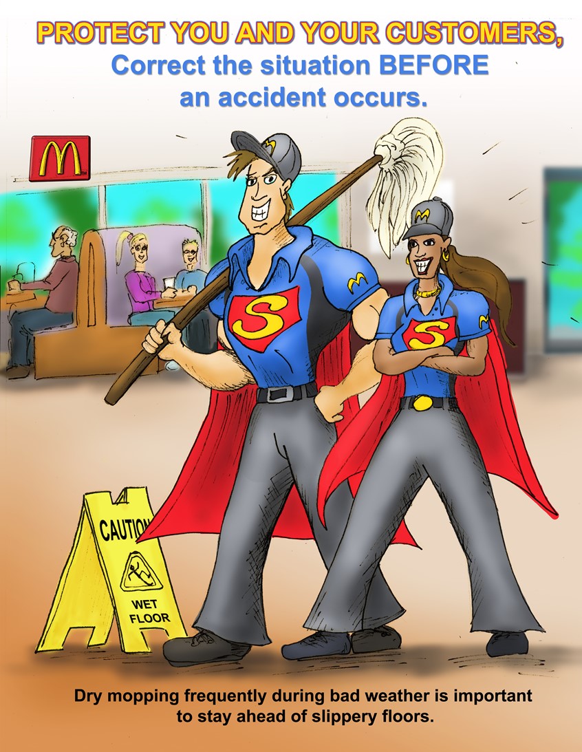 illustration of McDonald's hamburgers restaurant workers man woman ethnic patrons eating food super heroes mop caution slippery floor happy proud powerful heroic uniforms cape superman supergirl hat safety cartoon power stance flowing ponytail hair