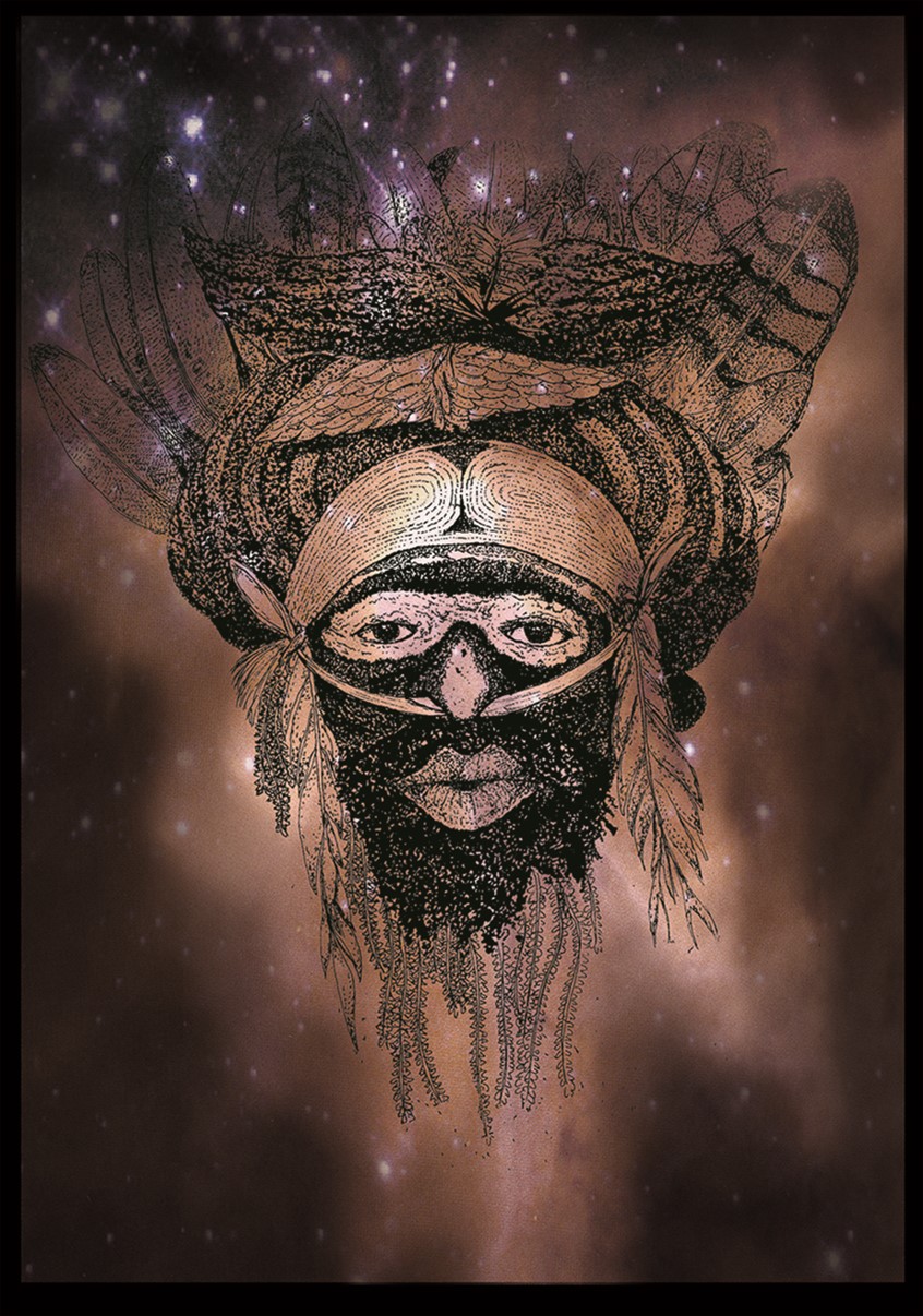 illustration of Pen and Ink drawing digitized. magic Spirit voodoo spiritual African Indigenous New Guinea feathers beard bone in nose stars cosmos trippy Pointillism realism detailed human face makeup headdress Chief medicine man priest ghost