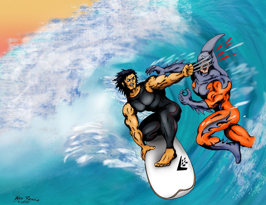 illustration of I drew this for fun as I am an avid surfer and a huge comic geek - Wolverine being my favourite character. This released three years prior to X-Force #25 where Wolverine actually surfs (what a prediction!)
surfing super hero villain claws ocean riding the tube fighting water surfboard wetsuit muscles pain action barefoot shark Marvel comics