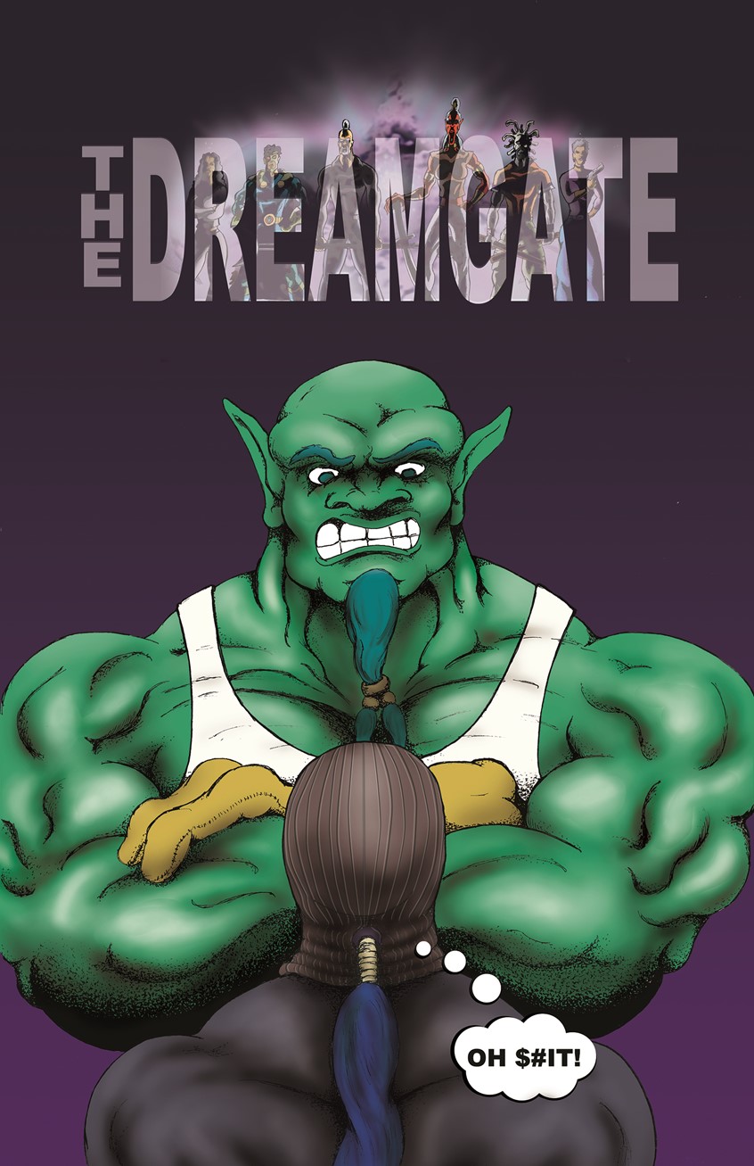 illustration of Alternate cover of the Dreamgate Comic Book. hulk fight massive muscles angry fight or flight ponytail teeth comic book cover ski mask green Goliath gloves