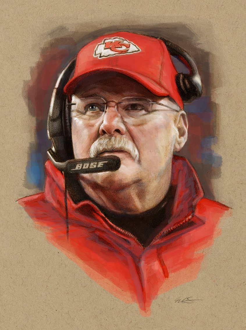 illustration of Editorial Portrait Illustration of Super Bowl Winning Head Coach of the Kansas City Chiefs Andy Reid, done with Graphite Pencil and Digital Color. NFL, Sports, Editorial, Portrait, Illustration, Kansas City Chiefs, Head Coach, Football, Andy Reid, Realism, Pencil, Digital, Super Bowl.
