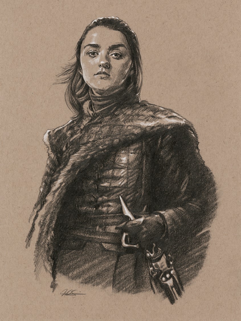 illustration of Editorial Portrait Spot Illustration of Maisie Williams as Arya Stark from HBO's hit series Game of Thrones, done with Graphite Pencil. Editorial, Portrait, Spot Illustration, Maisie Williams, Arya Stark, HBO, Film, Television, Entertainment, Game of Thrones, Fantasy, Pencil, Realism.