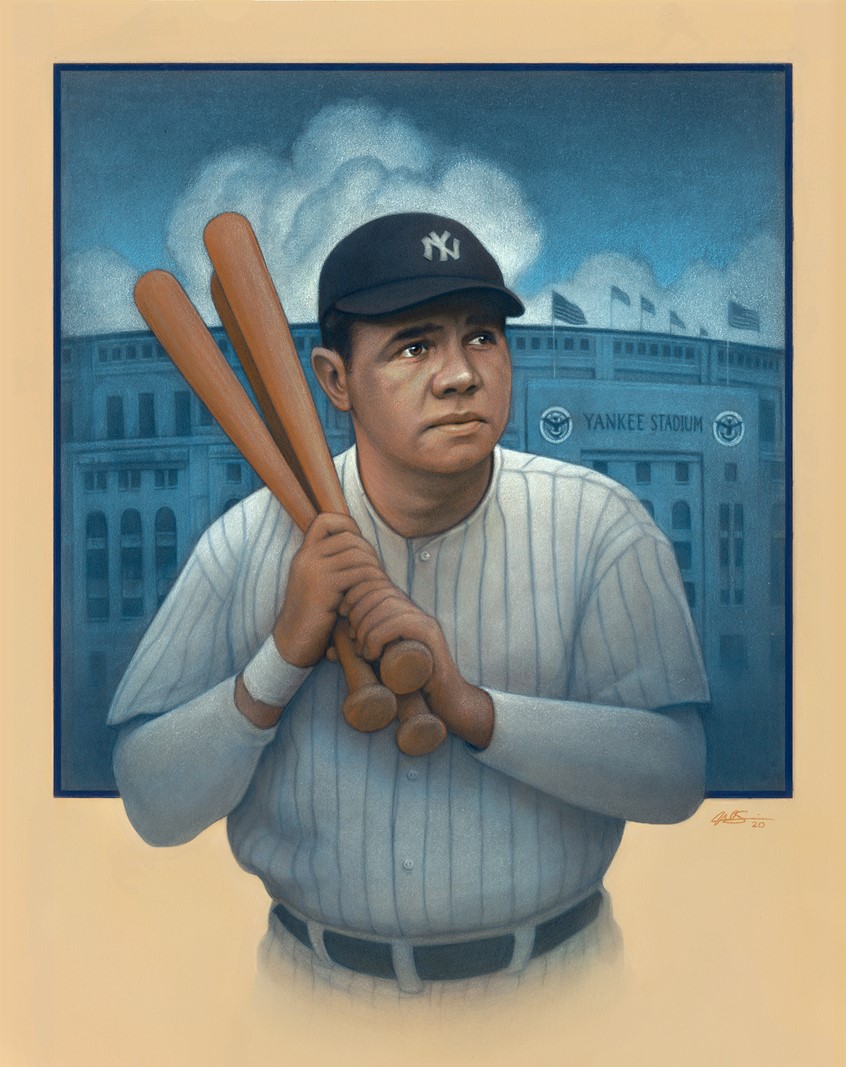 illustration of Editorial Illustration honoring the Original Yankee Stadium and New York Yankees Legend Babe Ruth, done with Mixed Media. Editorial, Portrait, Illustration, New York, Yankees, Yankee Stadium, Baseball, Sports, MLB, Babe Ruth, Mixed Media, Acrylic, Colored Pencil, Historic, Realism.