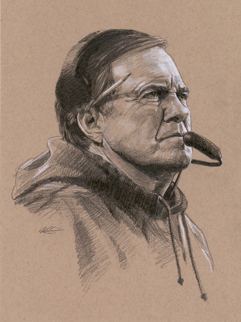 illustration of Editorial Portrait Spot Illustration of New England Patriots Super Bowl Winning Head Coach Bill Belichick, done with Graphite Pencil. Editorial, Portrait, Spot Illustration, New England, Patriots, Super Bowl, Football, NFL, Sports, Head Coach, Bill Belichick, Pencil, Realism.