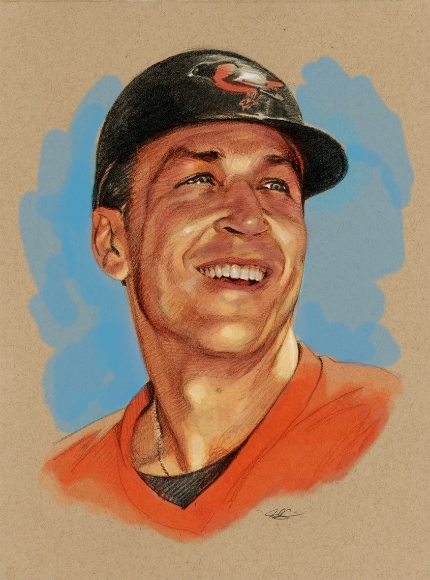 illustration of Editorial Portrait Spot Illustration of Baltimore Orioles Hall of Fame Shortstop Cal Ripken Jr. done with Graphite Pencil and Digital Color. Editorial, Portrait, Spot Illustration, Baltimore, Orioles, Baseball, MLB, Sports, Cal Ripken, Cal Ripken Jr., Iron Man, Pencil, Digital, Realism.