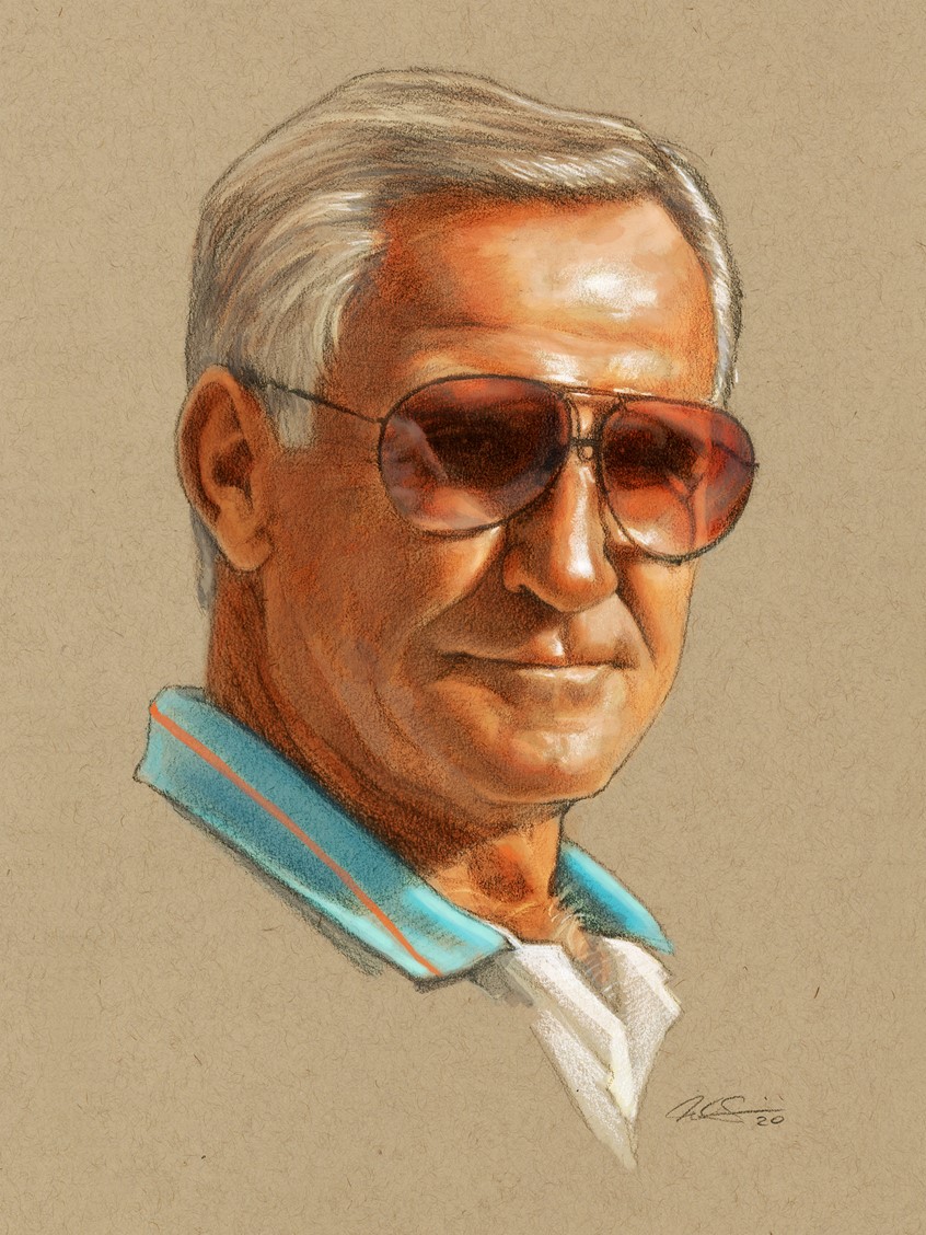 illustration of Editorial Portrait Spot Illustration of Miami Dolphins Hall of Fame Head Coach Don Shula, done with Graphite Pencil and Digital Color. Editorial, Portrait, Spot Illustration, Miami, Miami Dolphins, Football, NFL, Sports, Don Shula, Pencil, Digital, Realism.