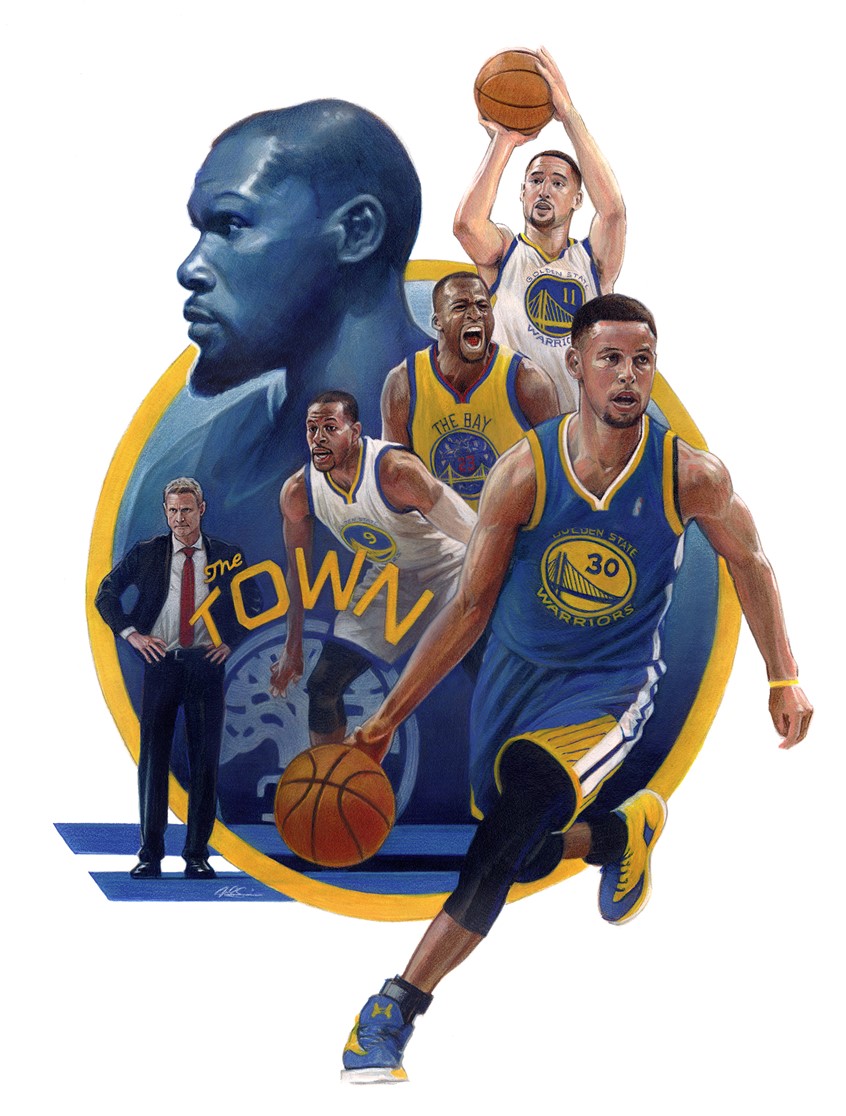 illustration of Editorial Portrait Spot Illustration of NBA Champion Golden State Warriors done with Mixed Media. Editorial, Portrait, Spot Illustration, Basketball, NBA, Champion, Sports, Golden State, Warriors, Steph Curry, Kevin Durant, Klay Thompson, Steve Kerr, Draymond Green, Mixed Media, Acrylic, Colored Pencil, Color, Realism.