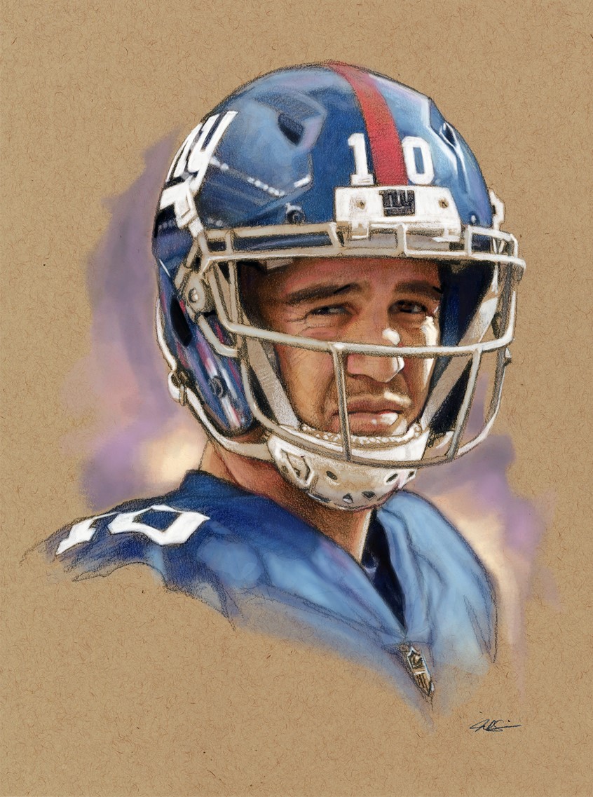 illustration of Editorial Portrait Spot Illustration of New York Giants Super Bowl Winning Quarterback Eli Manning, done with Graphite Pencil and Digital Color. Editorial, Portrait, Spot Illustration, New York, Giants, Super Bowl, NFL, Football, Sports, Eli Manning, Quarterback, Pencil, Digital, Realism.