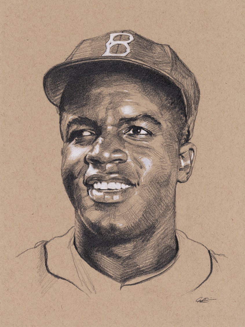 illustration of Editorial Portrait Illustration of Civil Rights Pioneer and Brooklyn Dodgers Hall of Famer Jackie Robinson, done with Graphite Pencil. Baseball, Sports, MLB, Dodgers, Brookly, Jackie Robinson, Portrait, Editorial, Portrait, Illustration, Spot Illustration, Realism.