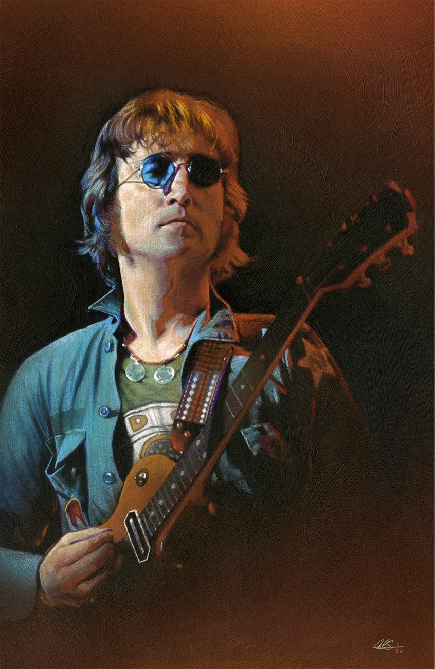 illustration of Portrait Illustration of Iconic Singer and Songwriter John Lennon, done with Mixed Media on Board. Portrait, Illustration, Music, Musician, Mixed Media, Realism, John Lennon, Entertainment, Acrylic, Colored Pencil, Airbrush.