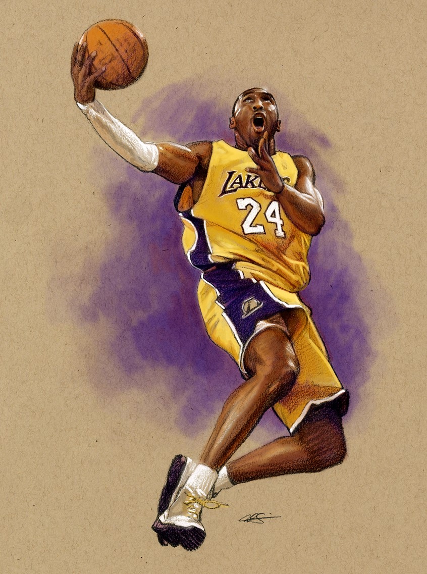 illustration of Editorial Spot Illustration of NBA Superstar Kobe Bryant of the Los Angeles Lakers, done with Graphite Pencil and Digital Color. Kobe Bryant, NBA, Sports, Basketball, Editorial, Spot Illustration, Portrait, Digital, Pencil, Realism.