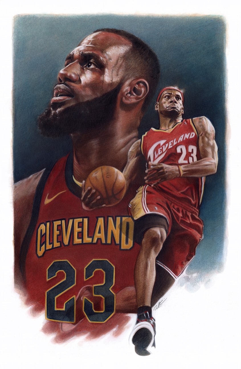 illustration of Editorial Portrait Illustration of NBA Superstar LeBron James of the Cleveland Cavaliers, done in Mixed Media. Editorial, Portrait, Sports, Basketball, NBA, Illustration, LeBron James, Cleveland, Cavaliers, Realism, Mixed Media, Acrylic, Colored Pencil.