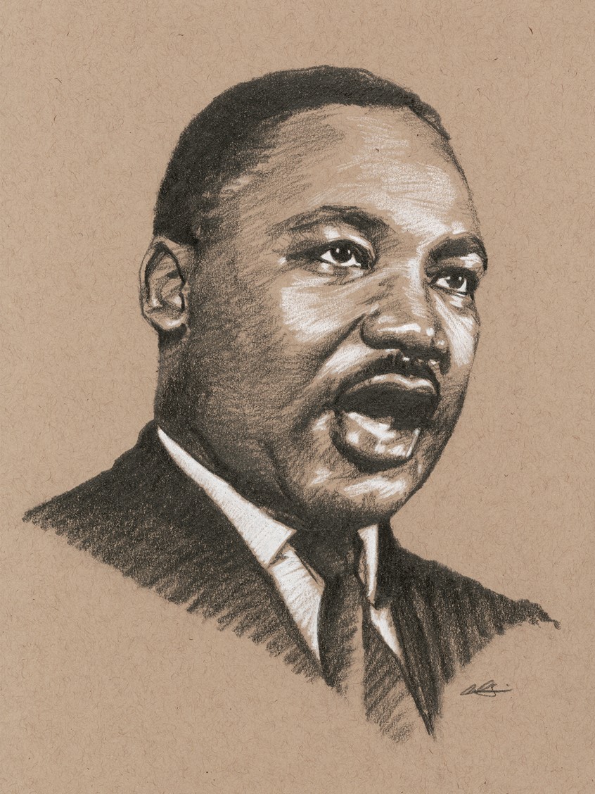 illustration of Editorial Portrait Spot Illustration of Iconic Civil Right Activist Martin Luther King Jr., done with Graphite Pencil. Editorial, Portrait, Spot Illustration, Civil Rights, Martin Luther King Jr., MLK, Pencil, Realism.