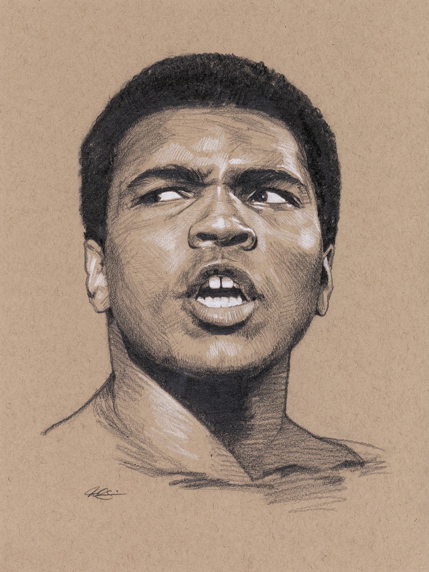 illustration of Editorial Portrait Illustration of iconic Boxer and Civil Rights Activist Muhammad Ali, done with Graphite Pencil. Editorial, Portrait, Illustration, Spot Illustration, Boxing, Sports, Muhammad Ali, Pencil, Realism.