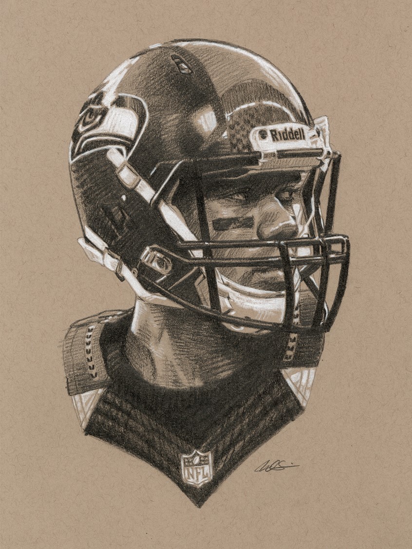 illustration of Editorial Portrait Illustration of Seattle Seahawks Quarterback Russell Wilson, done with Graphite Pencil. Editorial, Portrait, Illustration, Seattle Seahawks, NFL, Sports, Quarterback, Russell Wilson, Pencil, Realism.