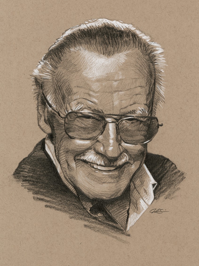 illustration of Editorial Portrait Illustration of Marvel Comics Creator Stan Lee, done with Graphite Pencil. Editorial, Portrait, Spot Illustration, Marvel, Comic Books, Stan Lee, Pencil, Realism.