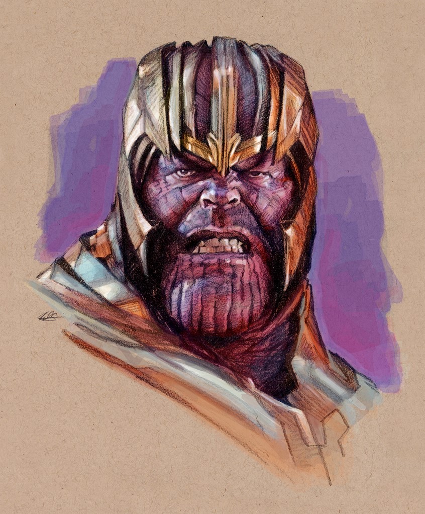 illustration of Editorial Portrait Spot Illustration of The Mad Titan Thanos from Marvel's blockbuster film Avergers Infinity War & Avengers Endgame, done with Graphite Pencil and Digital Color. Editorial, Portrait, Spot Illustration, Thanos, Marvel, Comic Book, Film, Entertainment, Movie, Avengers, Endgame, Infinity War, Marvel Cinematic Universe, Realism, Pencil, Digital.