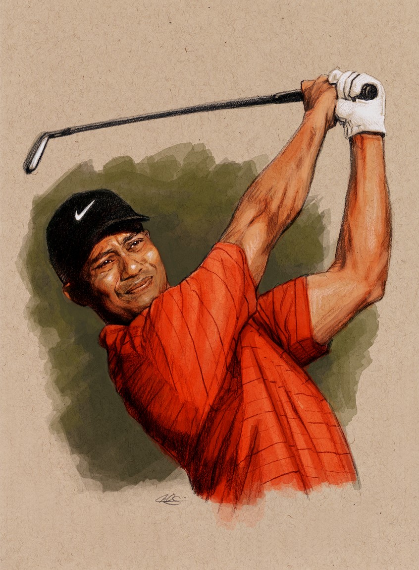 illustration of Editorial Spot Illustration of iconic PGA Tour Golfer Tiger Woods, done with Graphite Pencil and Digital Color. Editorial, Spot Illustration, Portrait, PGA, Golf, Swing, Nike, Pencil, Digital, Tiger Woods, Masters, Sports, Realism.