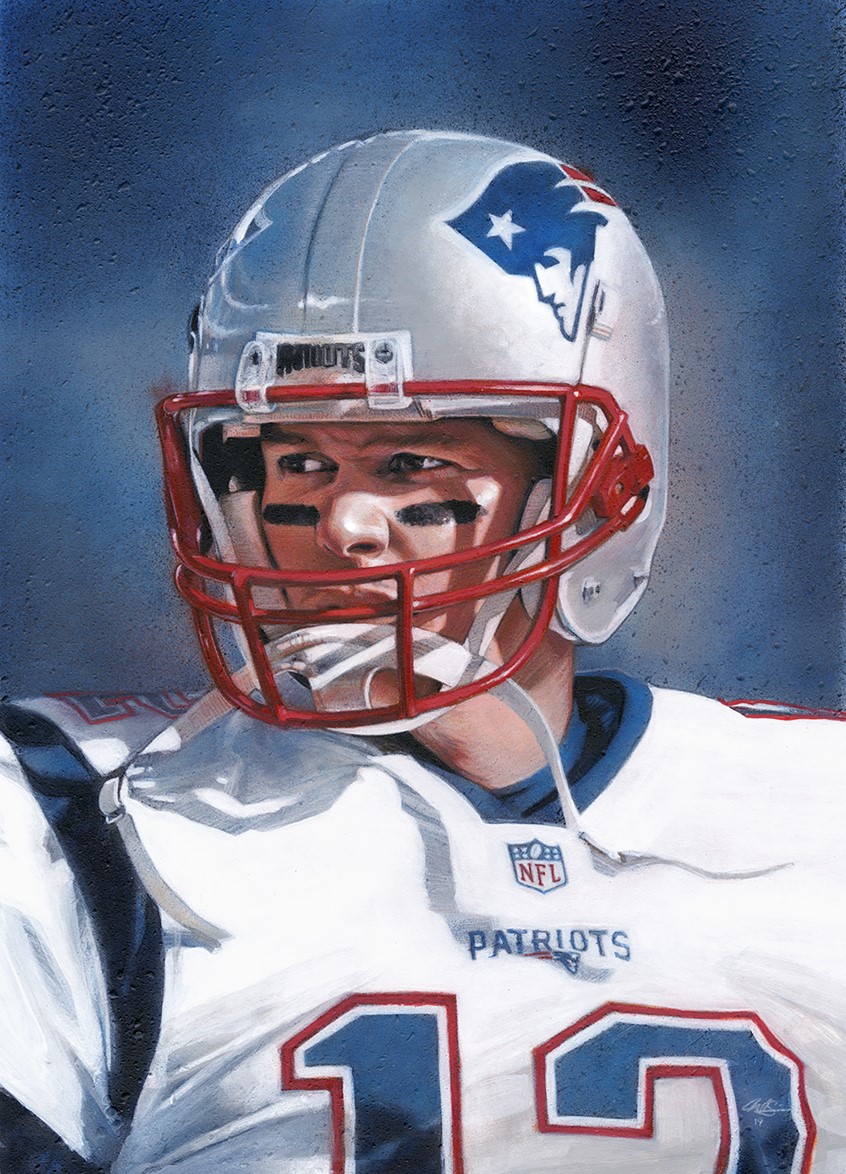 illustration of Editorial Portrait Illustration of New England Patriots Super Bowl MVP Quarterback Tom Brady, done with Mixed Media. Editorial, Portrait, Illustration, Color, New England, Patriots, Super Bowl, Football, NFL, Sports, Quarterback, Tom Brady, Mixed Media, Acrylic, Airbrush, Colored Pencil, Realism.
