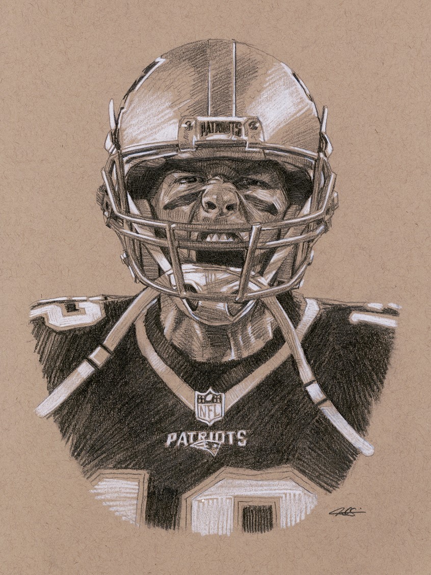 illustration of Editorial Portrait Spot Illustration of New England Patriots Super Bowl Winning MVP Quarterback Tom Brady, done with Graphite Pencil. Editorial, Portrait, Spot Illustration, New England, Patriots, Football, NFL, Sports, Super Bowl, Quarterback, Tom Brady, Emotion, Pencil, Realism.