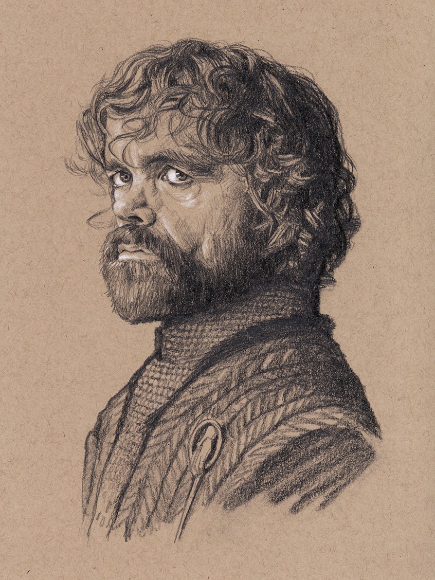 illustration of Editorial Portrait Illustration of Peter Dinklage as Tyrion Lannister in HBO TV Series Game of Thrones, done with Graphite Pencil. Editorial, Portrait, Illustration, Peter Dinklage, Tyrion Lannister, HBO, TV, Film, Entertainment, Game of Thrones, Fantasy, Sci-Fi, Pencil, Realism.