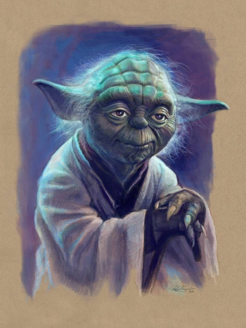 illustration of Editorial Spot Illustration of iconic Jedi Master Yoda from Star Wars done with Graphite Pencil and Digital Color. Editorial, Fantasy, Sci-Fi, Star Wars, Yoda, Spot Illustration, Portrait, Digital Painting, Realism.
