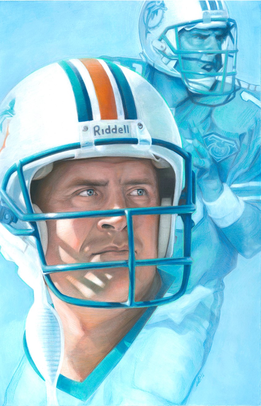 illustration of Editorial Portrait Illustration of Miami Dolphins Hall of Fame Quarterback Dan Marino, done with Mixed Media. Editorial, Portrait, Illustration, Miami, Dolphins, Football, Quarterback, Sports, NFL, Hall of Fame, Dan Marino, Mixed Media, Acrylic, Colored Pencil, Realism.