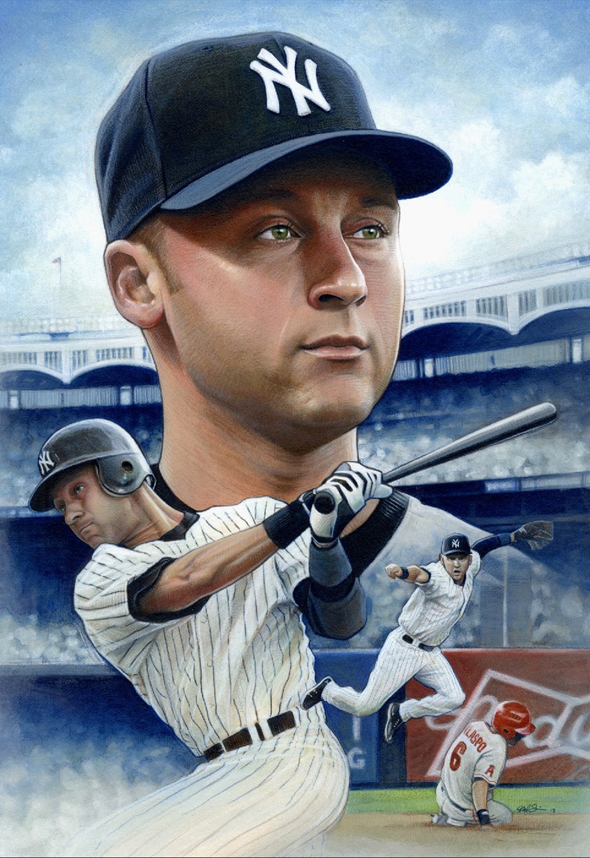 illustration of Editorial Portrait Illustration of New York Yankees Hall of Fame Shortstop Derek Jeter, done with Mixed Media. Editorial, Portrait, Illustration, New York, Yankees, Baseball, MLB, Derek Jeter, Mixed Media, Acrylic, Colored Pencil, Realism, Sports.