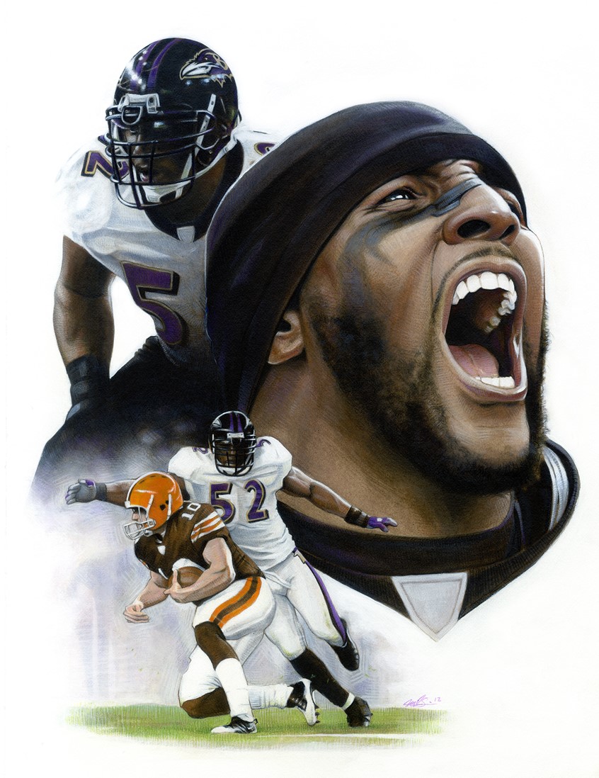illustration of Editorial Portrait Illustration of Baltimore Ravens Hall of Fame Linebacker Ray Lewis, done with Mixed Media. Editorial, Portrait, Illustration, Baltimore, Ravens, Football, NFL, Sports, Ray Lewis, Mixed Media, Acrylic, Colored Pencil, Spot Illustration, Realism.