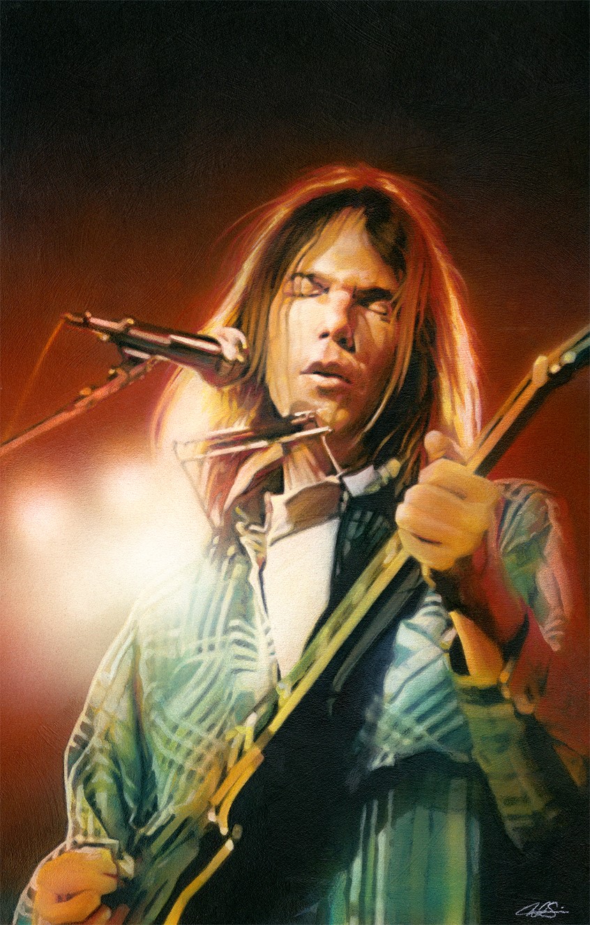 illustration of Editorial Portrait Illustration of Iconic Singer and Songwriter Neil Young done with Mixed Media. Editorial, Portrait, Illustration, Music, Artist, Neil Young, Entertainment, Mixed Media, Acrylic, Colored Pencil, Airbrush, Realism.